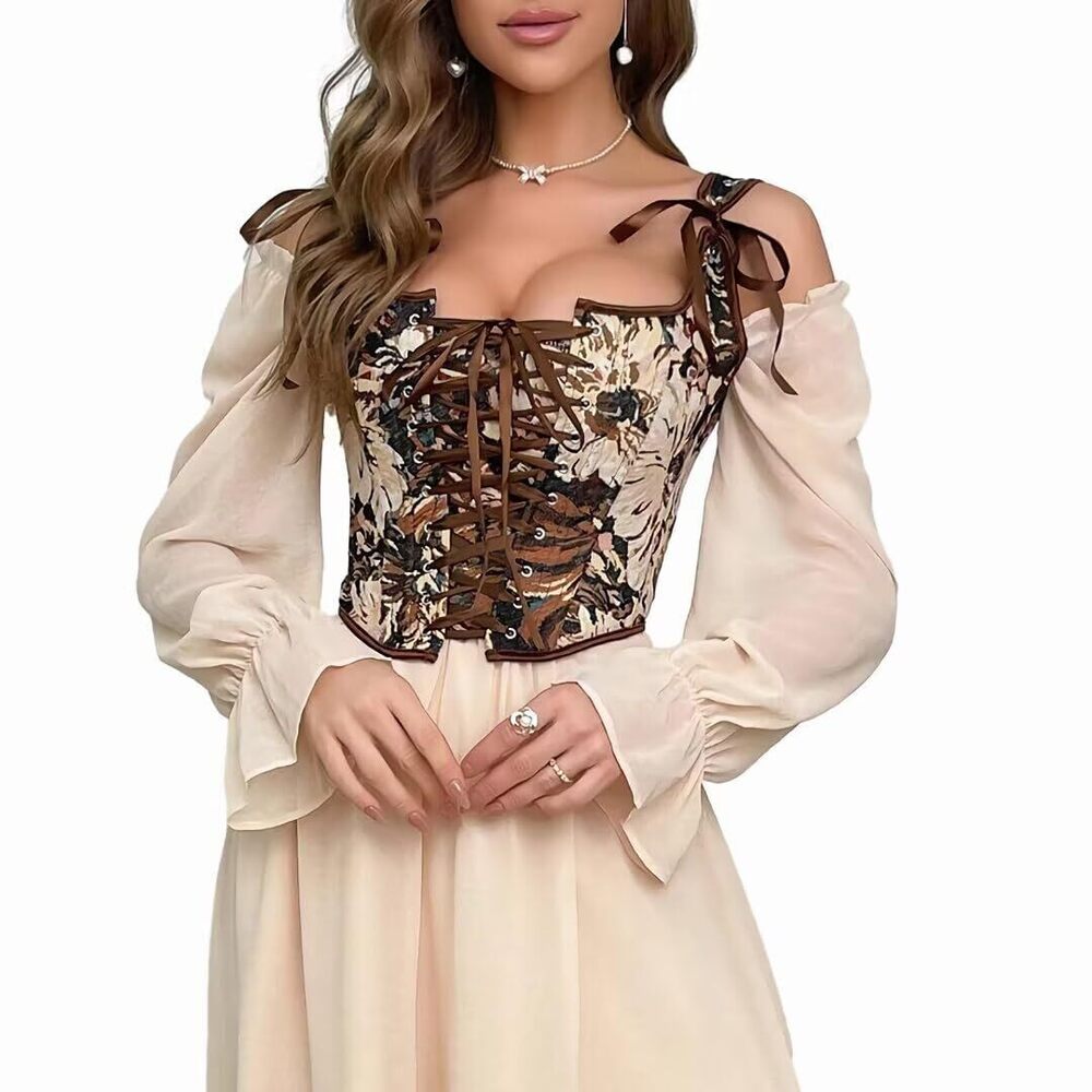 8349 Lace-Up Corset Overbust Victorian Floral Renaissance Plus Size Busiter - Picture 5 of 6
